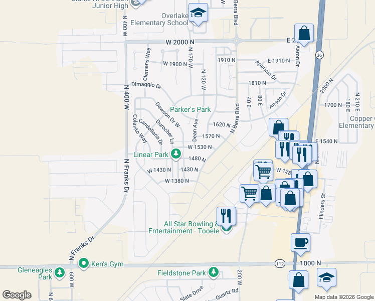 map of restaurants, bars, coffee shops, grocery stores, and more near 183 West 1530 North in Tooele