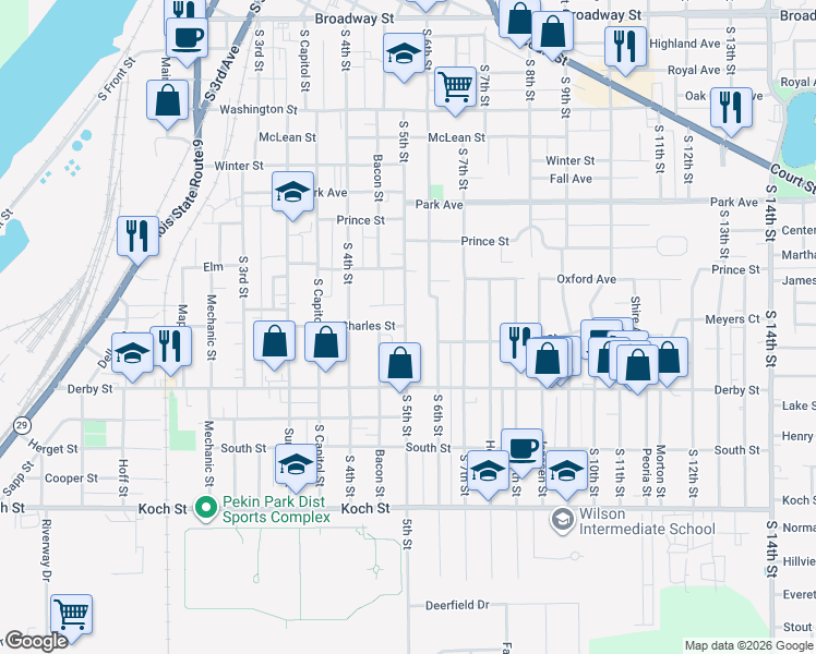 map of restaurants, bars, coffee shops, grocery stores, and more near 423 Charles St in Pekin