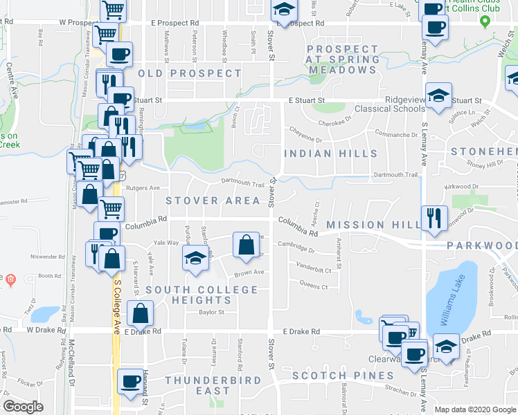 map of restaurants, bars, coffee shops, grocery stores, and more near 617 Duke Lane in Fort Collins