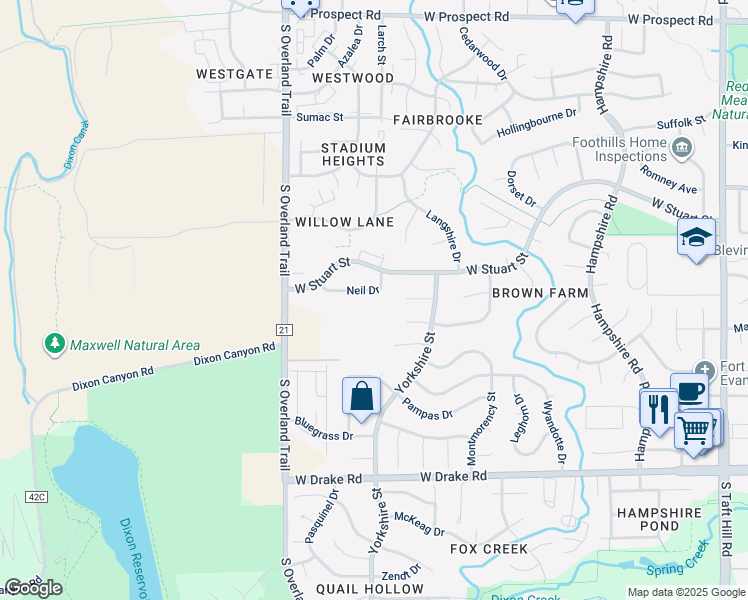 map of restaurants, bars, coffee shops, grocery stores, and more near 2919 Neil Drive in Fort Collins