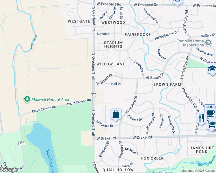 map of restaurants, bars, coffee shops, grocery stores, and more near 2975 Neil Drive in Fort Collins