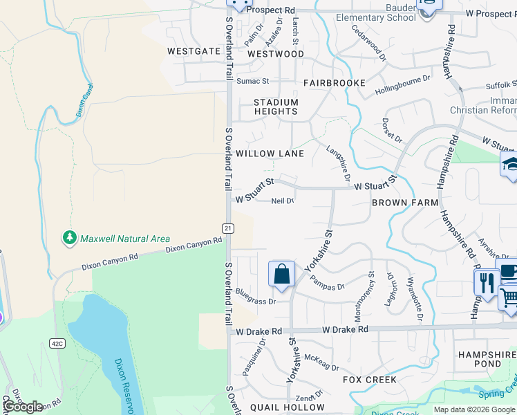 map of restaurants, bars, coffee shops, grocery stores, and more near 2975 Neil Drive in Fort Collins