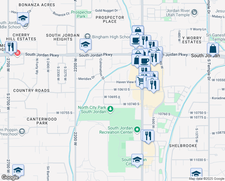 map of restaurants, bars, coffee shops, grocery stores, and more near 1948 10610 South in South Jordan