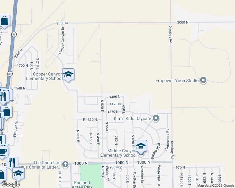 map of restaurants, bars, coffee shops, grocery stores, and more near 581 East 1480 North in Tooele