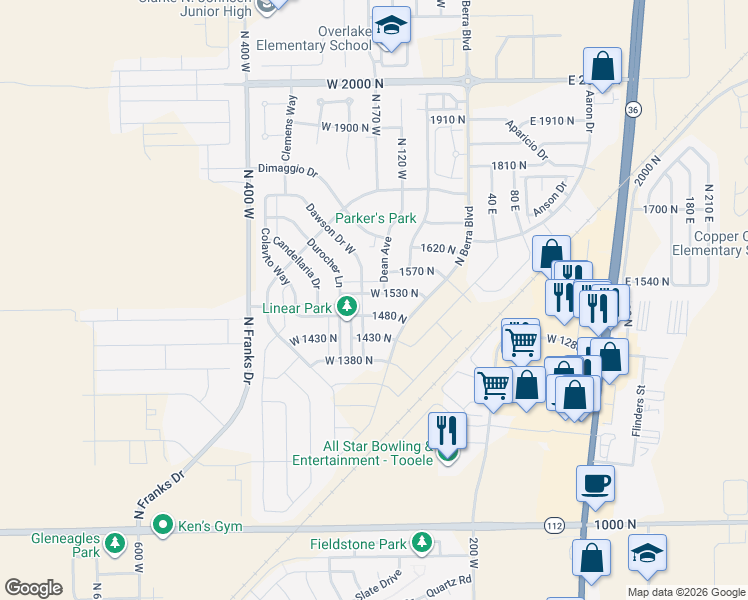 map of restaurants, bars, coffee shops, grocery stores, and more near 149 West 1530 North in Tooele