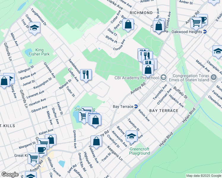 map of restaurants, bars, coffee shops, grocery stores, and more near 82 Evergreen Street in Staten Island