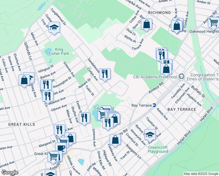 map of restaurants, bars, coffee shops, grocery stores, and more near 292 Sandalwood Drive in Staten Island