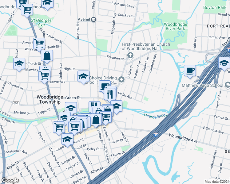 map of restaurants, bars, coffee shops, grocery stores, and more near 501 Rahway Avenue in Woodbridge Township