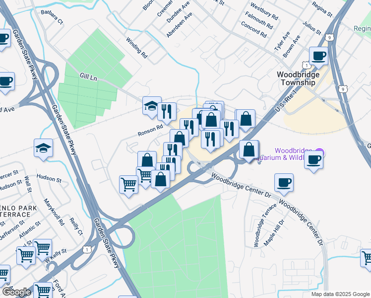 map of restaurants, bars, coffee shops, grocery stores, and more near in Woodbridge Township