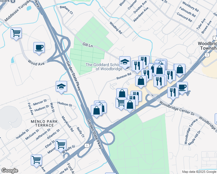 map of restaurants, bars, coffee shops, grocery stores, and more near in Woodbridge Township