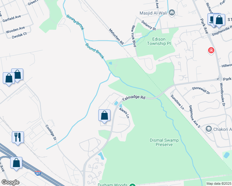 map of restaurants, bars, coffee shops, grocery stores, and more near 283 Prestwick Way in Edison