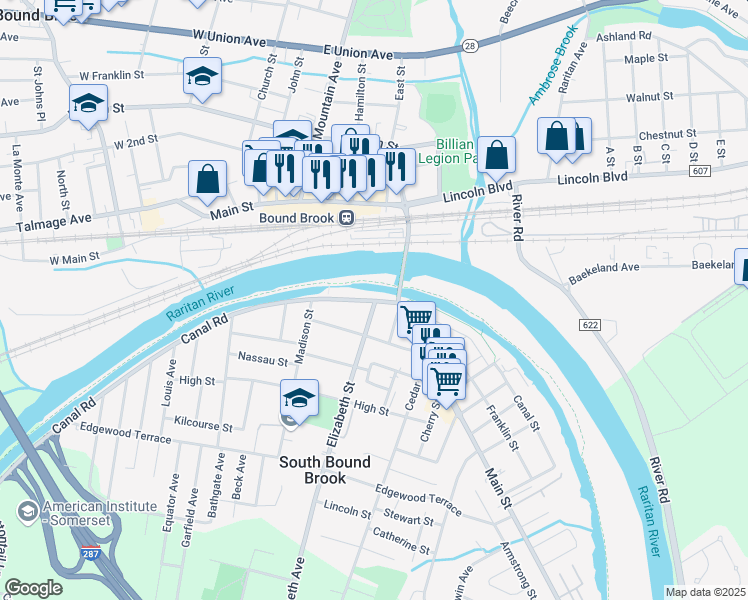 map of restaurants, bars, coffee shops, grocery stores, and more near 400 Canal Road in South Bound Brook