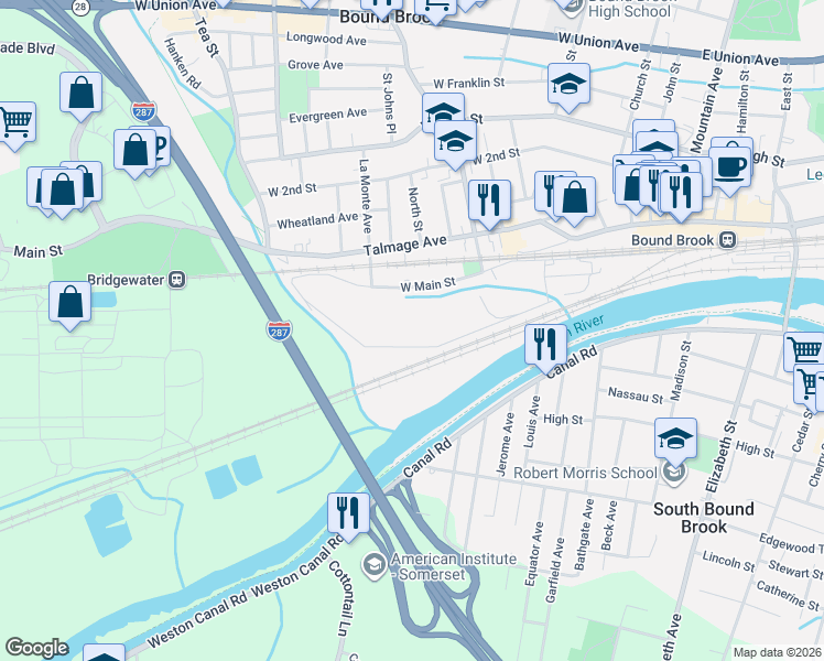 map of restaurants, bars, coffee shops, grocery stores, and more near 272 West Main Street in Bound Brook