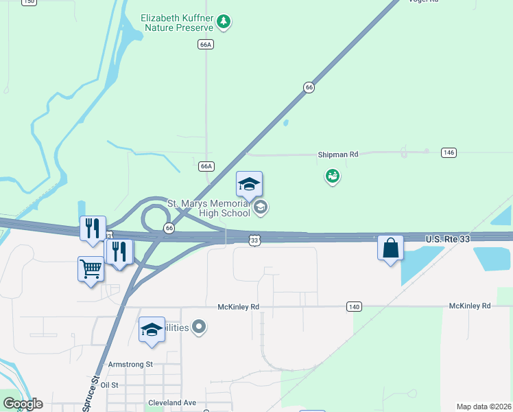 map of restaurants, bars, coffee shops, grocery stores, and more near 2250 State Highway 66 in St Marys