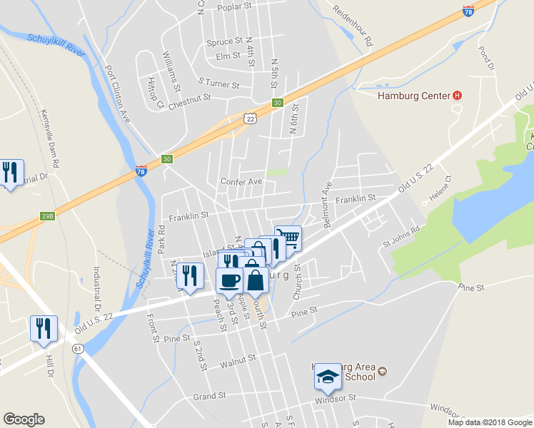 map of restaurants, bars, coffee shops, grocery stores, and more near 524 Franklin Street in Hamburg