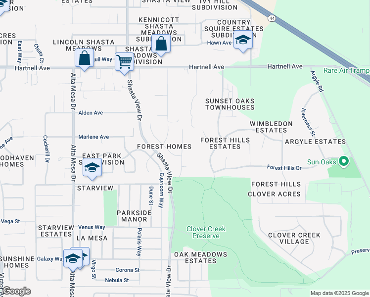map of restaurants, bars, coffee shops, grocery stores, and more near 3379 Billings Drive in Redding