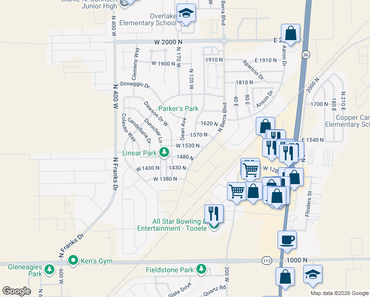 map of restaurants, bars, coffee shops, grocery stores, and more near 149 West 1530 North in Tooele
