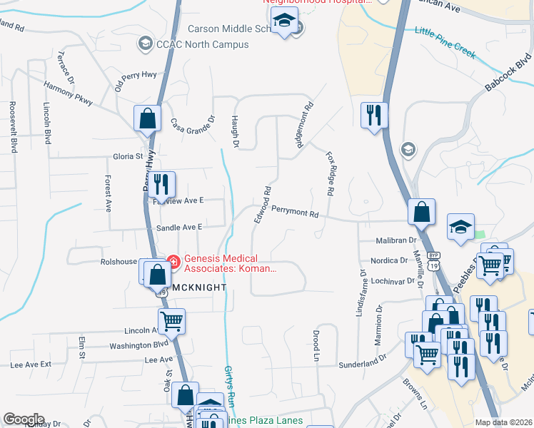 map of restaurants, bars, coffee shops, grocery stores, and more near 400 Perrymont Road in Pittsburgh