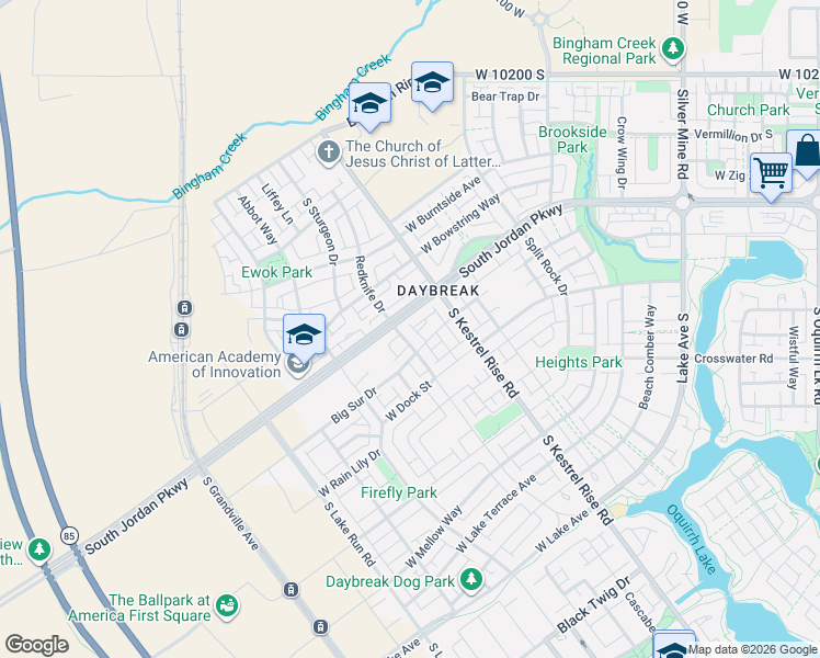 map of restaurants, bars, coffee shops, grocery stores, and more near 5210 Big Sur Drive in South Jordan