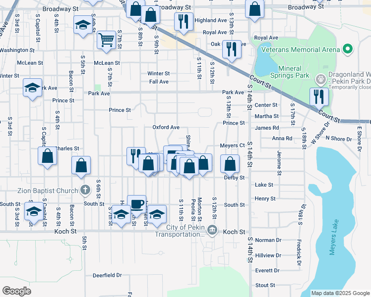 map of restaurants, bars, coffee shops, grocery stores, and more near 1119 Shire Avenue in Pekin