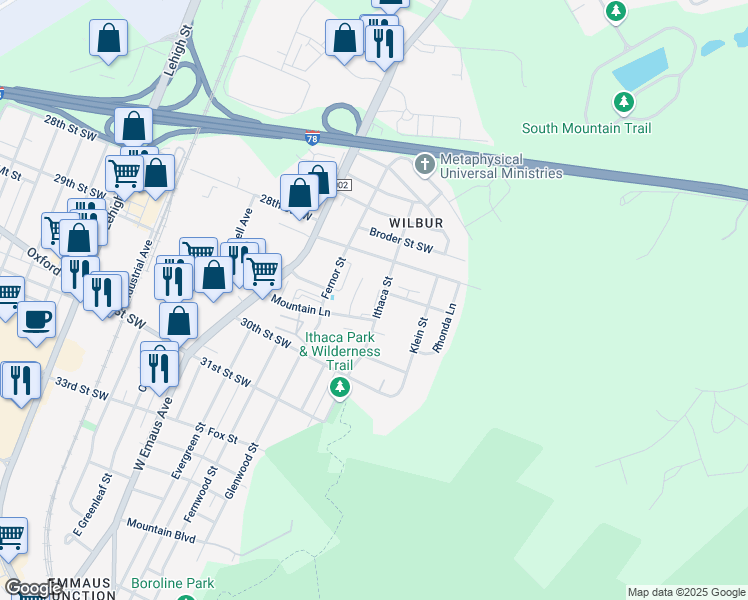 map of restaurants, bars, coffee shops, grocery stores, and more near 2849 Ithaca Street in Allentown