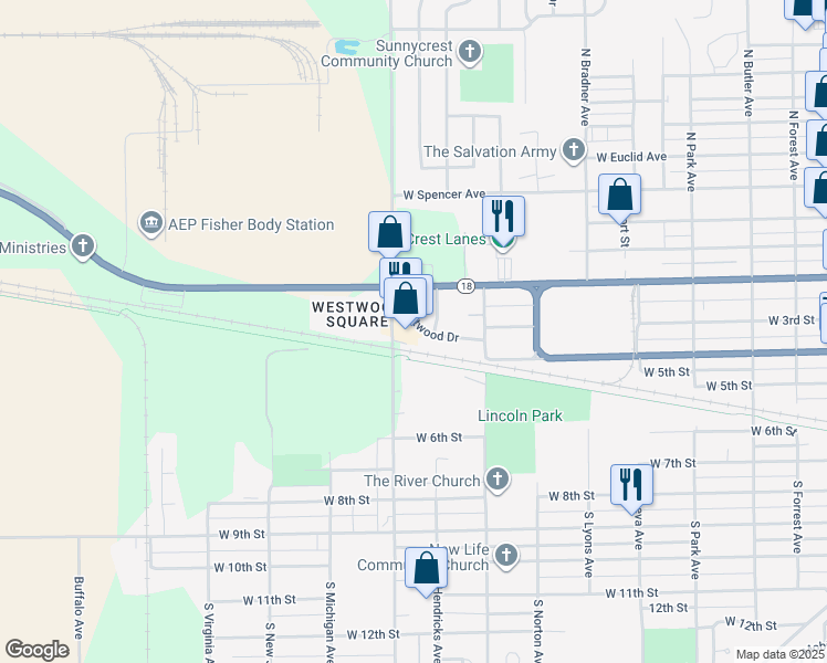 map of restaurants, bars, coffee shops, grocery stores, and more near 2213 Westwood Square in Marion