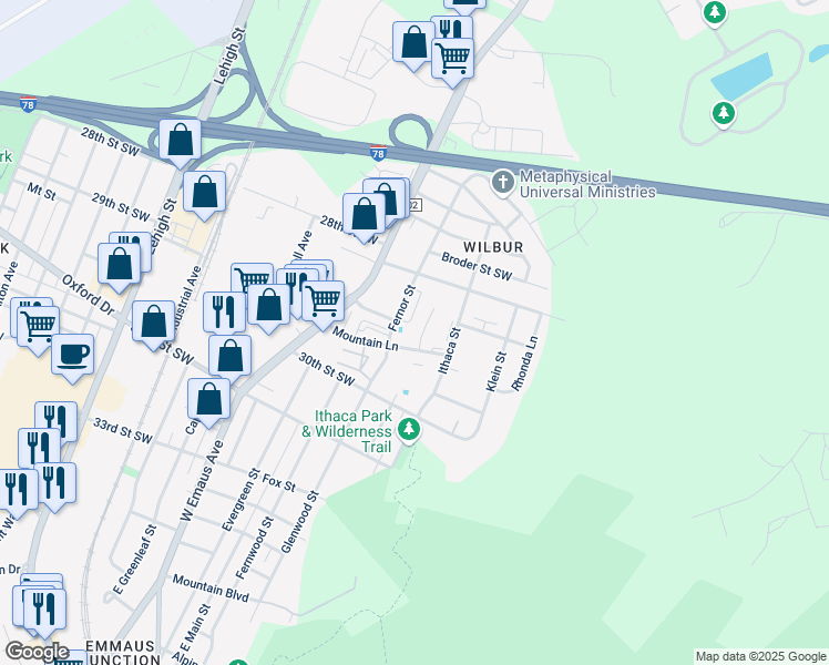 map of restaurants, bars, coffee shops, grocery stores, and more near 2865 Huron Street in Allentown