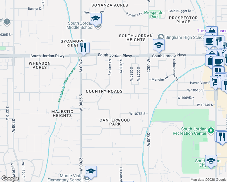 map of restaurants, bars, coffee shops, grocery stores, and more near 2460 Rustic Roads Drive in South Jordan