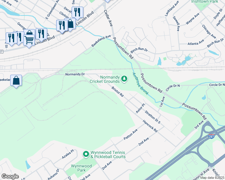 map of restaurants, bars, coffee shops, grocery stores, and more near 36 Bristol Road in Piscataway