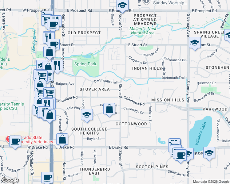 map of restaurants, bars, coffee shops, grocery stores, and more near 617 Duke Lane in Fort Collins