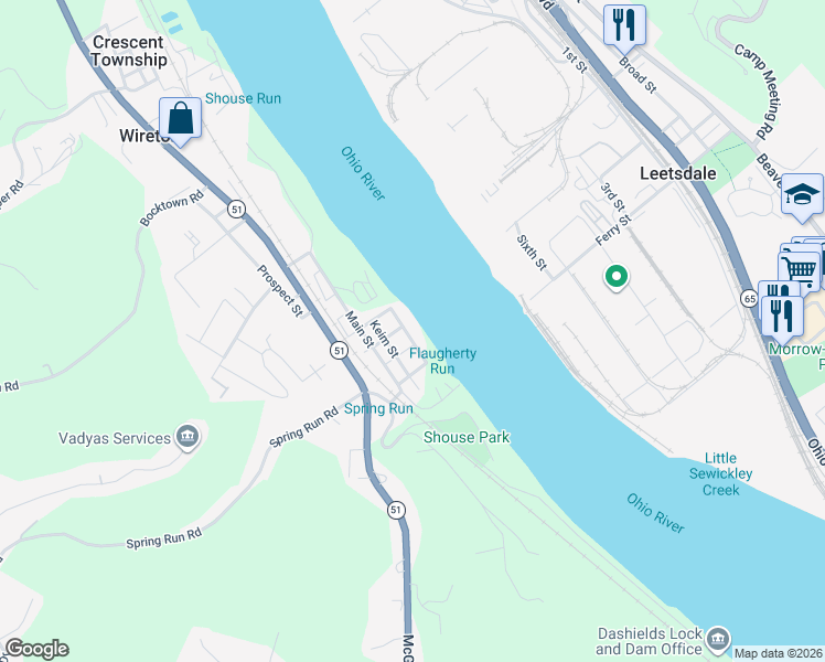 map of restaurants, bars, coffee shops, grocery stores, and more near 1355 Front Street in Glenwillard