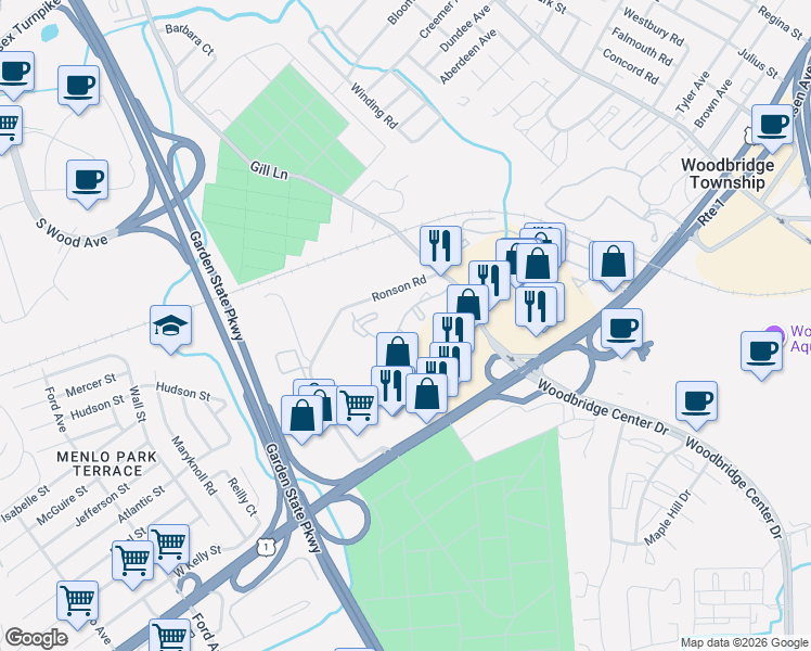 map of restaurants, bars, coffee shops, grocery stores, and more near 1901 Woodbridge Commons Way in Woodbridge Township