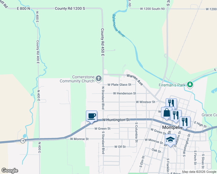 map of restaurants, bars, coffee shops, grocery stores, and more near 515 West Plate Glass Street in Montpelier