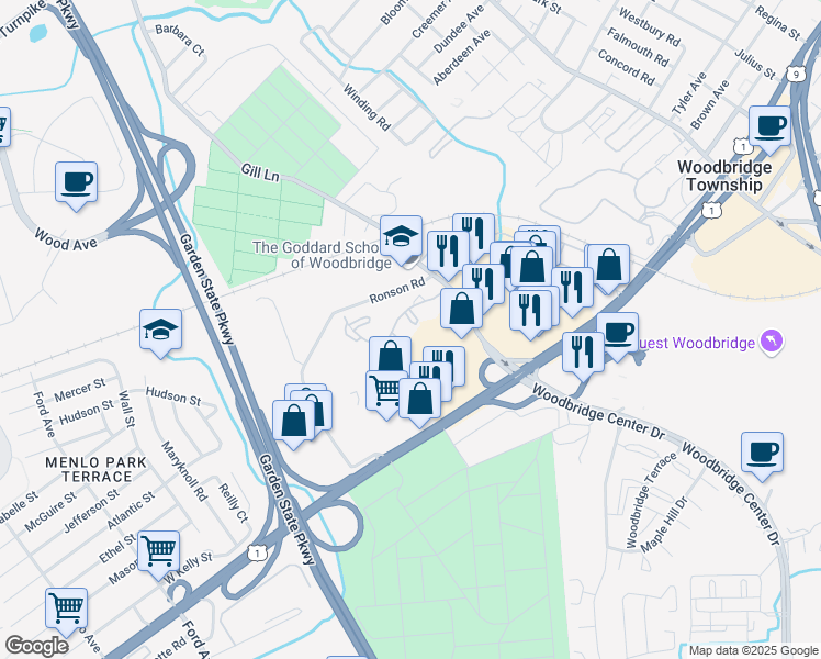 map of restaurants, bars, coffee shops, grocery stores, and more near 2002 Woodbridge Commons Way in Woodbridge Township