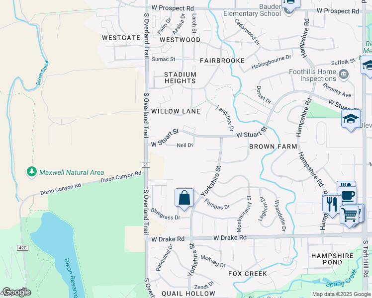 map of restaurants, bars, coffee shops, grocery stores, and more near 2919 Neil Drive in Fort Collins