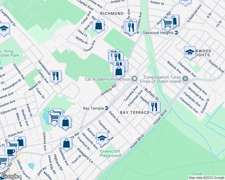 map of restaurants, bars, coffee shops, grocery stores, and more near 3374 Amboy Road in Staten Island