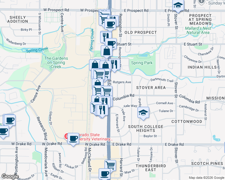 map of restaurants, bars, coffee shops, grocery stores, and more near 2212 South College Avenue in Fort Collins