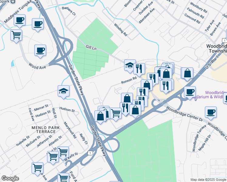 map of restaurants, bars, coffee shops, grocery stores, and more near 1101 Woodbridge Commons Way in Woodbridge Township