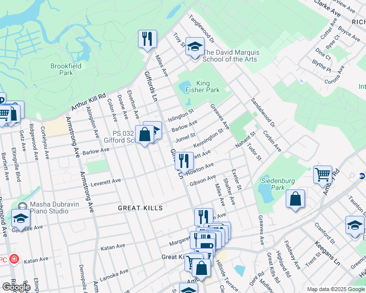 map of restaurants, bars, coffee shops, grocery stores, and more near 179 Kennington Street in Staten Island