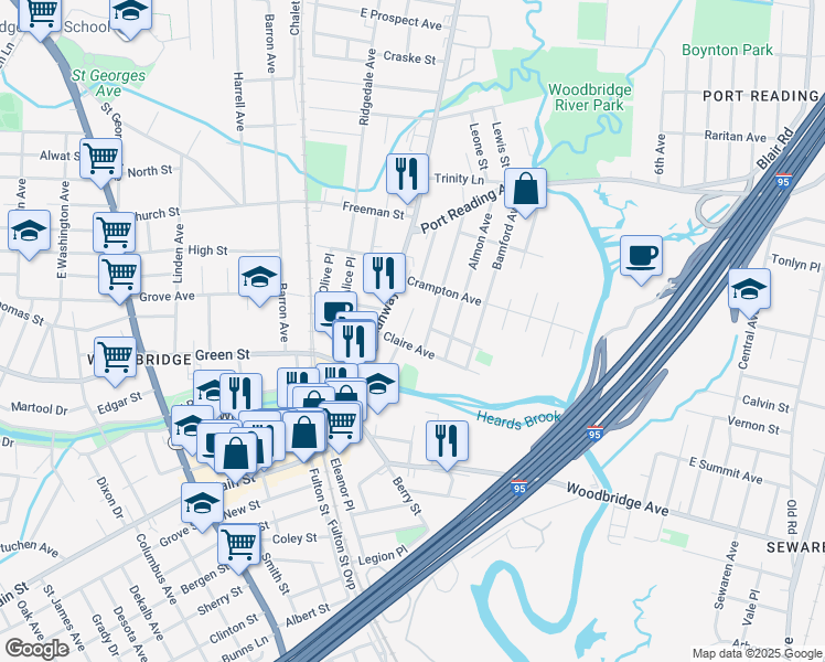 map of restaurants, bars, coffee shops, grocery stores, and more near 36 Melbourne Court in Woodbridge Township
