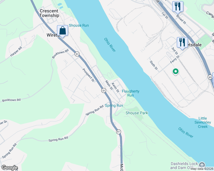 map of restaurants, bars, coffee shops, grocery stores, and more near 1322 Main Street in Crescent Township