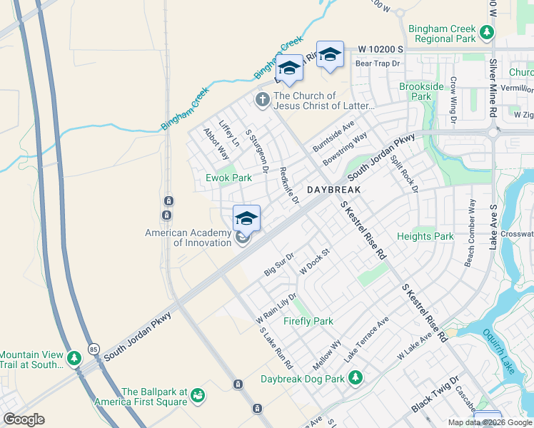 map of restaurants, bars, coffee shops, grocery stores, and more near 5373 West Bowstring Way in South Jordan