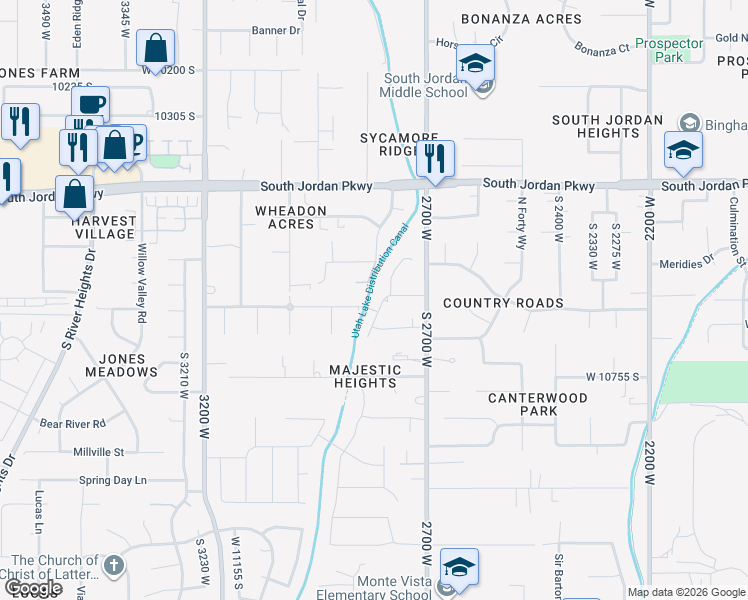 map of restaurants, bars, coffee shops, grocery stores, and more near 10614 Urban Ridge Road in South Jordan