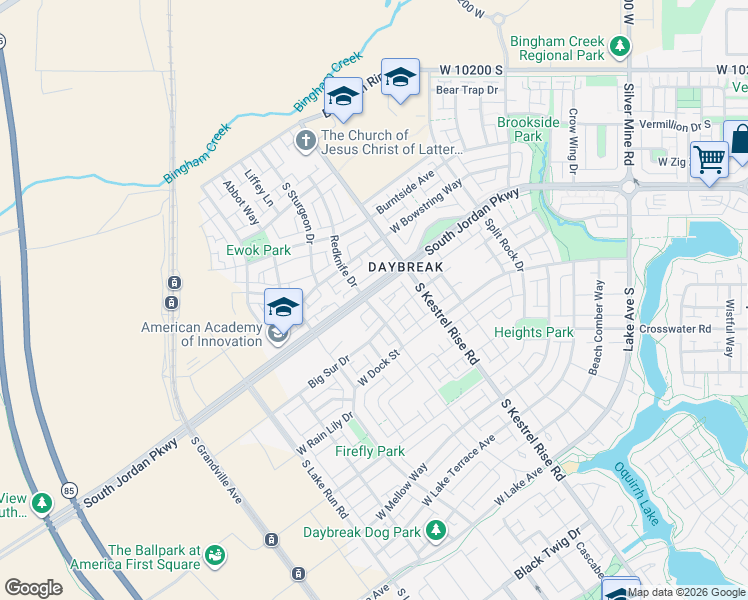 map of restaurants, bars, coffee shops, grocery stores, and more near 5210 Big Sur Drive in South Jordan
