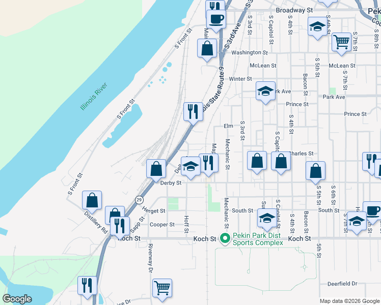 map of restaurants, bars, coffee shops, grocery stores, and more near 1006 Dell Avenue in Pekin