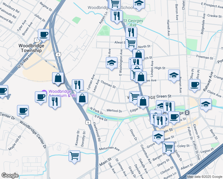 map of restaurants, bars, coffee shops, grocery stores, and more near 526 Gorham Avenue in Woodbridge Township