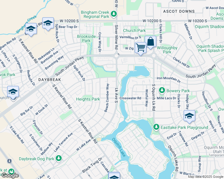 map of restaurants, bars, coffee shops, grocery stores, and more near 10612 Lake Avenue South in South Jordan