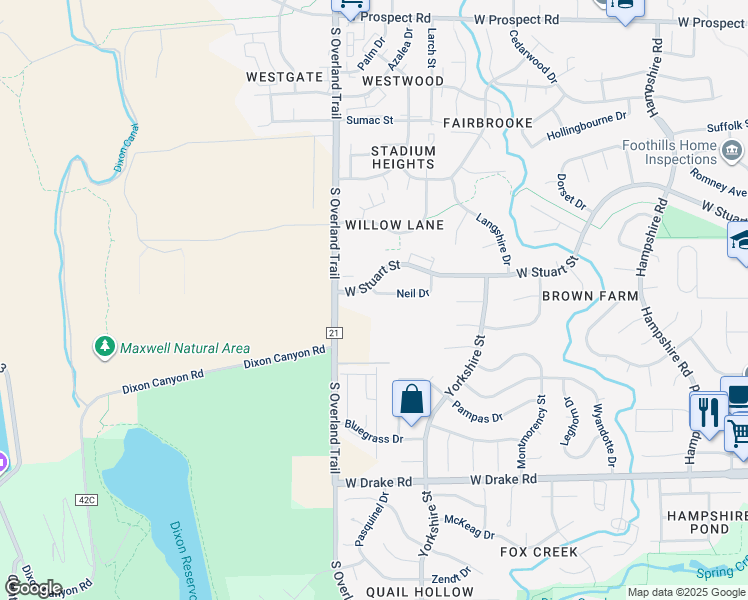 map of restaurants, bars, coffee shops, grocery stores, and more near 2975 Neil Drive in Fort Collins