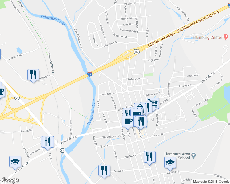 map of restaurants, bars, coffee shops, grocery stores, and more near 202 North 3rd Street in Hamburg