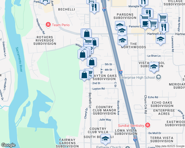 map of restaurants, bars, coffee shops, grocery stores, and more near 3371 Bechelli Lane in Redding
